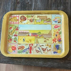 Vintage Farm & Food Motif Metal Serving Tray - Yellow Border